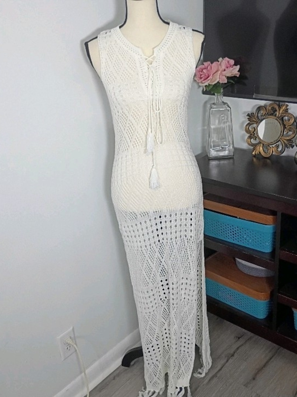 NWOT Crochet Boho Coastal Cowgirl Maxi Dress with Tassel Tie, One Size